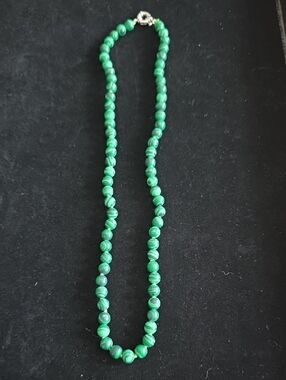 Vintage Malachite-like Green Beaded Necklace with Silver Clasp - Women Jewelry